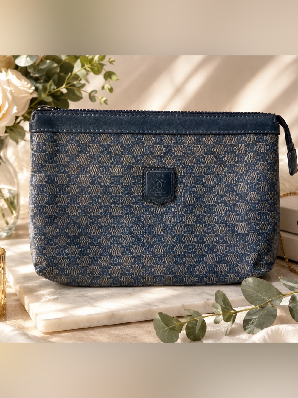 Vintage Celine Navy Macadam Monogram Toiletry Pouch Clutch